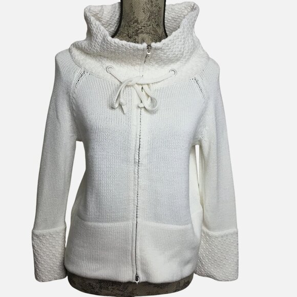 WHBM White Textured Knit Zip Sweater M Quiet Luxury Cozy Capsule Neutral Chic - Picture 2 of 7